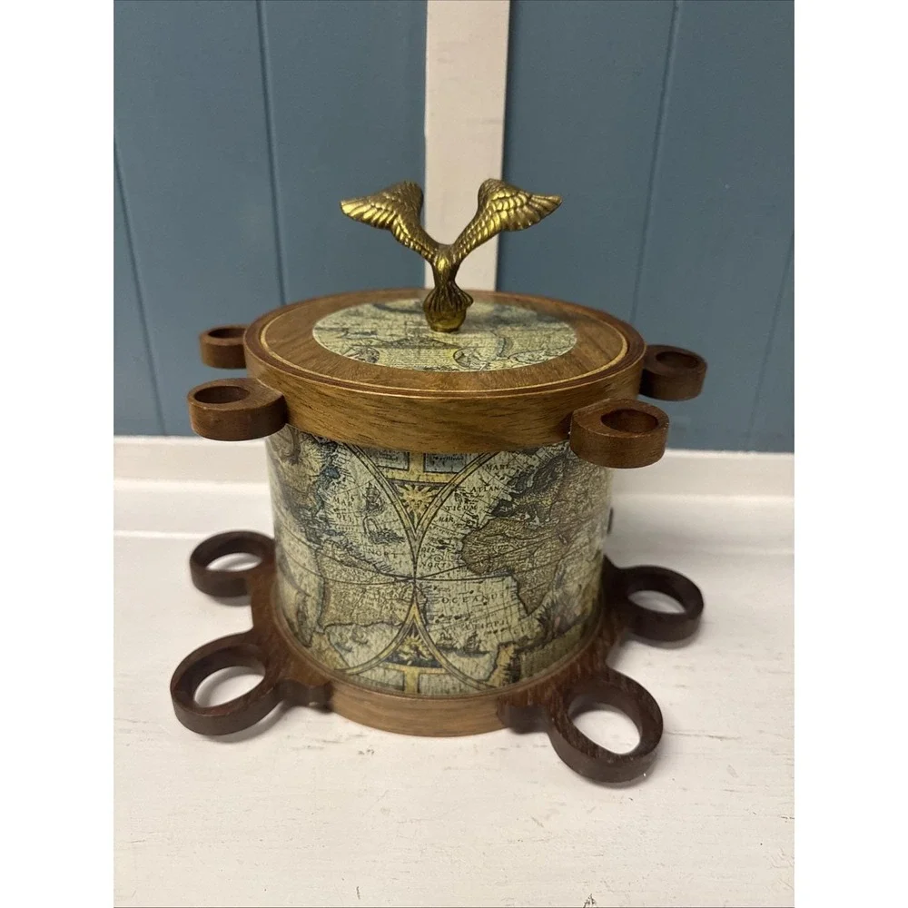 Vtg Ice Bucket  MCM Old World Map Globe Style W/ Brass Eagle Mid Century‎ Modern